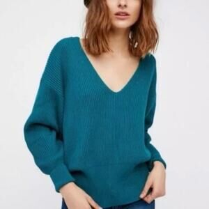 NWT Free People Allure V Neck Ribbed Pullover Sweater in Turquoise Size XS